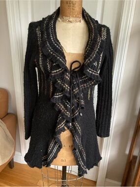 Sioni Black Ruffle-Front Cardigan with Multicolor Stitching